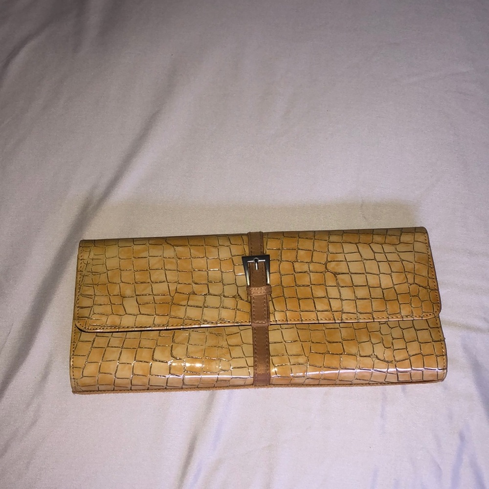 Mustard color crocodile patent clutch